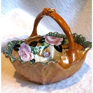 Vintage candy dish Made In Japan Basket Cabbage Leaves Floral Glossy opulant